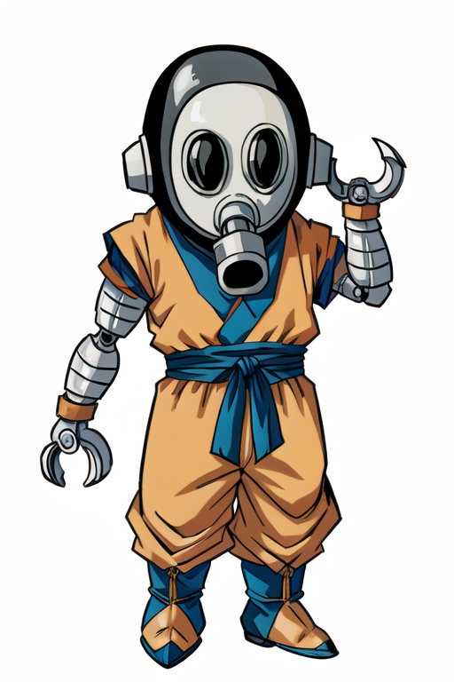 3210044-1336342081-toribot, 1boy, solo, humanoid robot,chibi, (wrench hand), gas mask, full body, standing, orange dougi,son goku, short sleeves, (.png